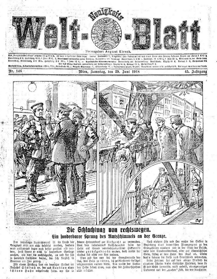  Naslovna strana dnevnih novina "Neuigkeits-Welt-Blatt" izdatih 29. juna 1918. god. Izvor: Austrijska nacionalna biblioteka, „ANNO“ Istorijski novinski zapisi; www.anno.onb.ac.at 