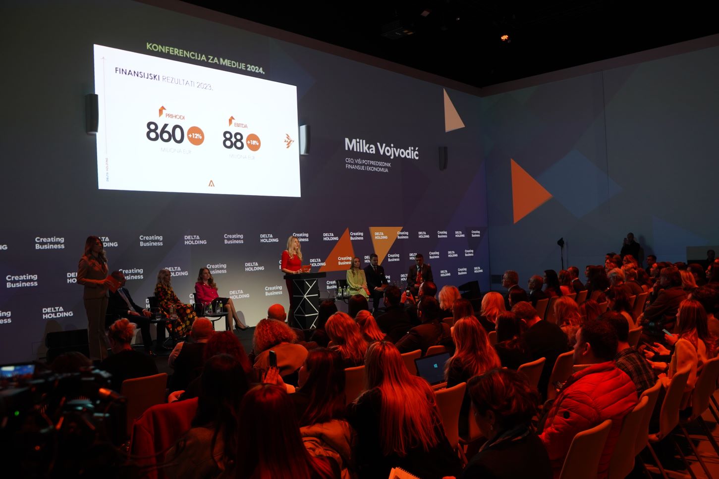 Milka Vojvodić, CEO i viši potpredsednik za ekonomiju i finansije Delta Holdinga na godišnjoj konferenciji za medije