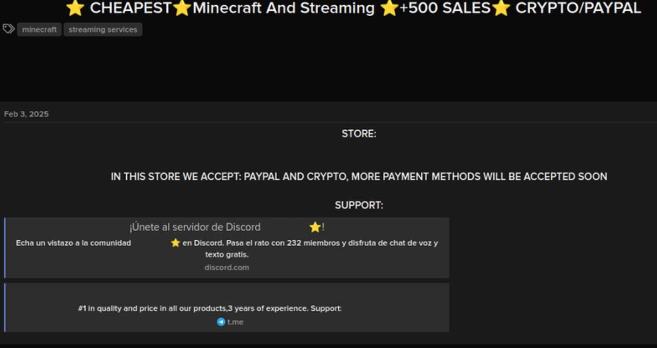 Objava sa zatvorenog foruma koja reklamira digitalnu prodavnicu koja prodaje naloge za Minecraft i striming servise, hvaleći se sa preko 500 prodatih pristupa