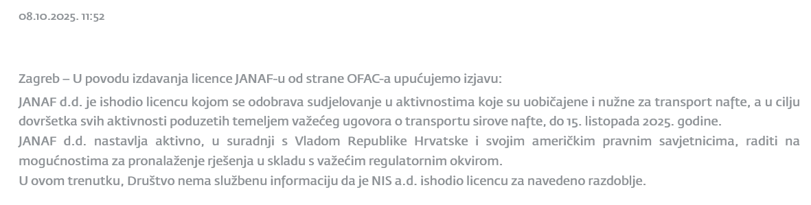 Izvod iz saopštenja JANAF-a, sa njihovog portala