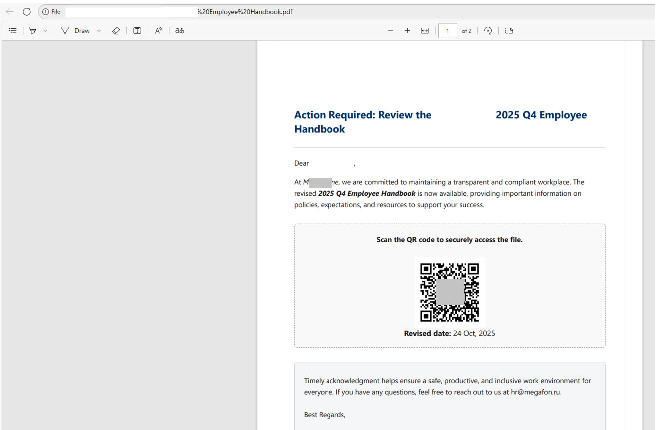 Jedan od primera PDF sa QR kodom - Fišing imejl sa pozivom da se otvori priloženi PDF