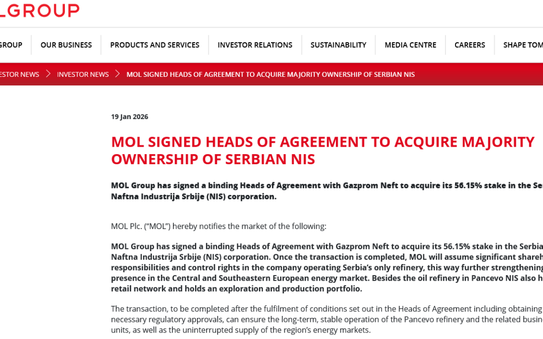 MOL Grupa kupuje 56,15% udela NIS-a i o tome potpisala Osnove obavezujućeg sporazuma za OFAC