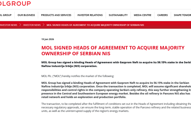 MOL Grupa kupuje 56,15% udela NIS-a i o tome potpisala Osnove obavezujućeg sporazuma za OFAC