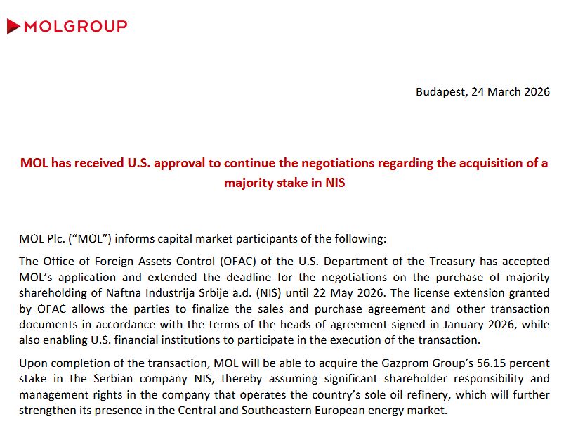 MOL dobio licencu OFAC-a da produži postupak kupovine NIS-a do 22. maja