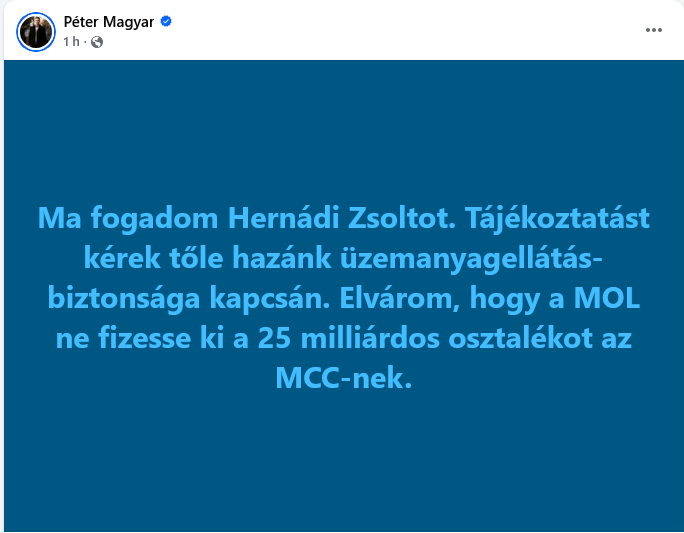 Objava budućeg mađarskog premijera Petera Mađara na Facebook-u, danas, 16. aprila: Danas ću primiti Žolta Hernadija. Tražiću od njega informacije u vezi sa bezbednošću snabdevanja gorivom naše zemlje. Očekujem da MOL neće isplatiti dividendu od 25 milijardi forinti kompaniji MCC (Screenshot)
